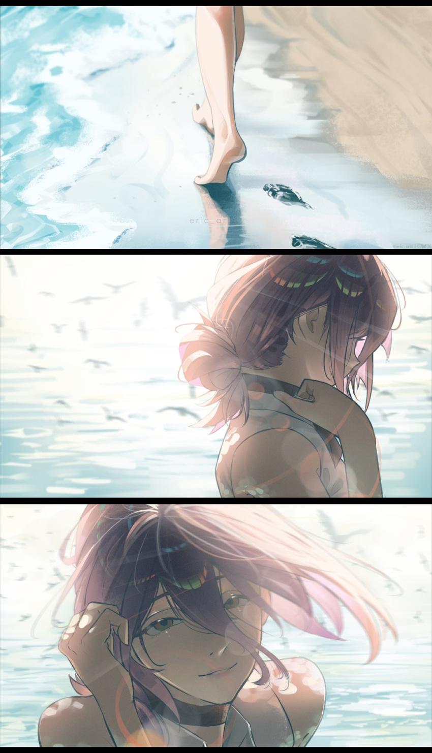 1girl, barefoot, beach, black_choker, chainsaw_man, choker, day, eric_tran, feet, footprints, green_eyes, hair_between_eyes, hair_bun, highres, looking_at_viewer, ocean, outdoors, purple_hair, reze_(chainsaw_man), sand, shirt, simple_bird, sleeveless, sleeveless_shirt, smile, white_shirt