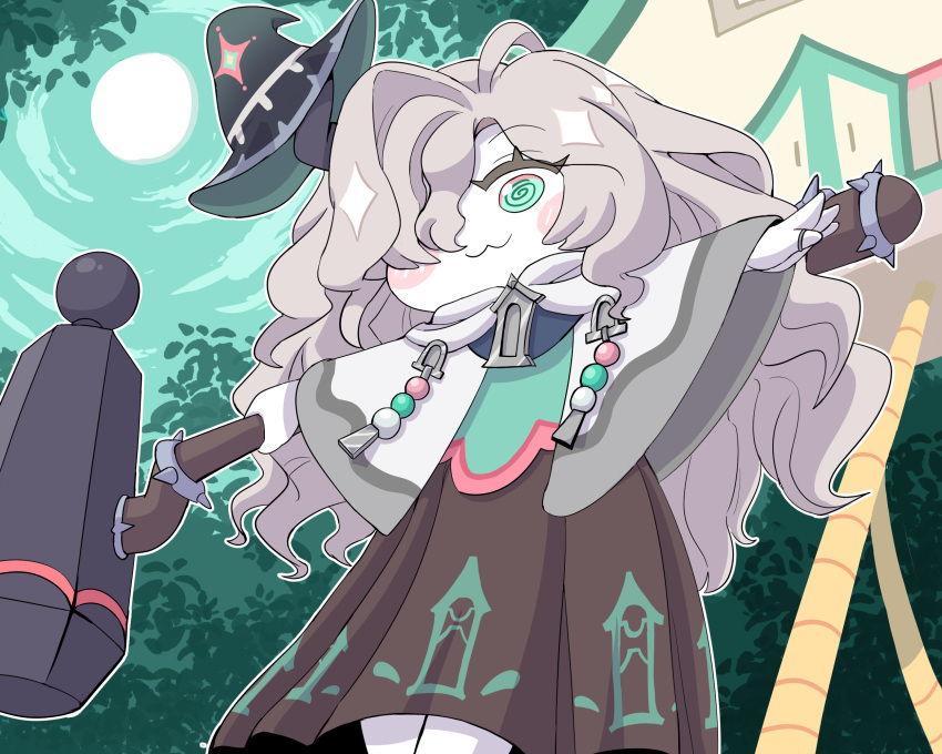 1girl, :3, @_@, blush_stickers, brown_dress, cloak, closed_mouth, commentary_request