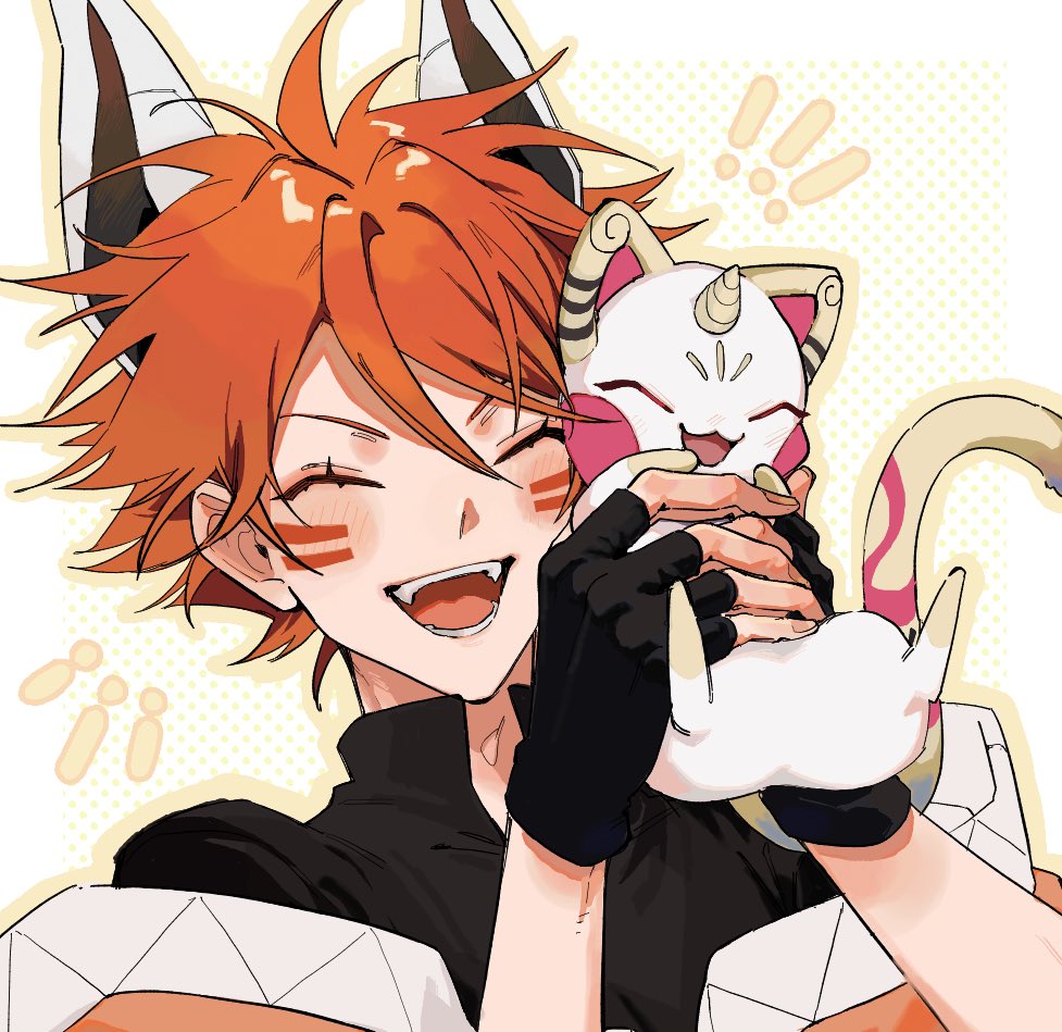 1boy, animal_ears, big_johnny_(to_be_hero_x), black_gloves, black_shirt, blush, cat, closed_eyes, creature, facial_mark, fingerless_gloves, gloves, hair_between_eyes, hako_(box), holding, holding_creature, horns, little_johnny_(to_be_hero_x), male_focus, open_mouth, orange_hair, shirt, short_hair, single_horn, to_be_hero, to_be_hero_x, upper_body