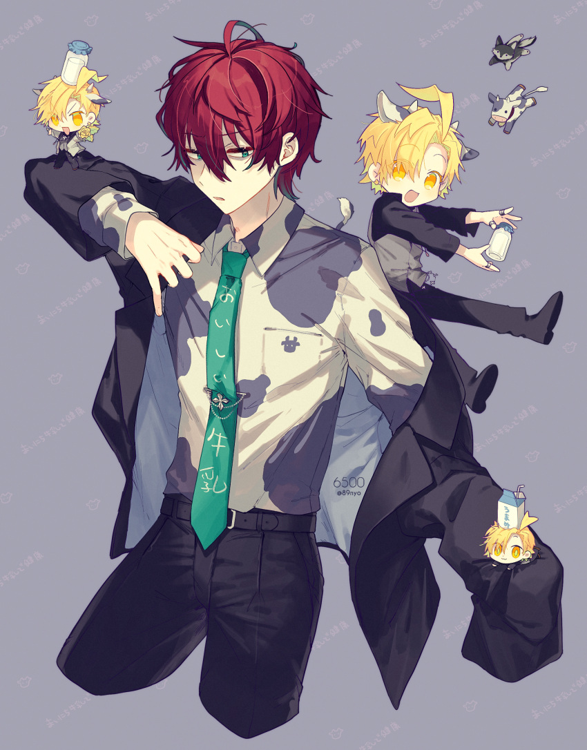 4boys, :d, absurdres, ahoge, alternate_costume, animal_ears, animal_print, aqua_eyes, aqua_necktie, aqua_streaks, belt, black_belt, black_jacket, black_pants, blonde_hair, bottle, brooch, c_asca, chibi, clone, cow, cow_ears, cow_horns, cow_print, cow_tail, cowboy_shot, cropped_legs, frown, hair_intakes, highres, horns, hypnosis_mic, izanami_hifumi, jacket, jewelry, kannonzaka_doppo, looking_at_viewer, looking_to_the_side, male_focus, milk_bottle, milk_carton, multiple_boys, necktie, pants, putting_on_jacket, red_hair, smile, tail, twitter_username, wolf, yellow_eyes