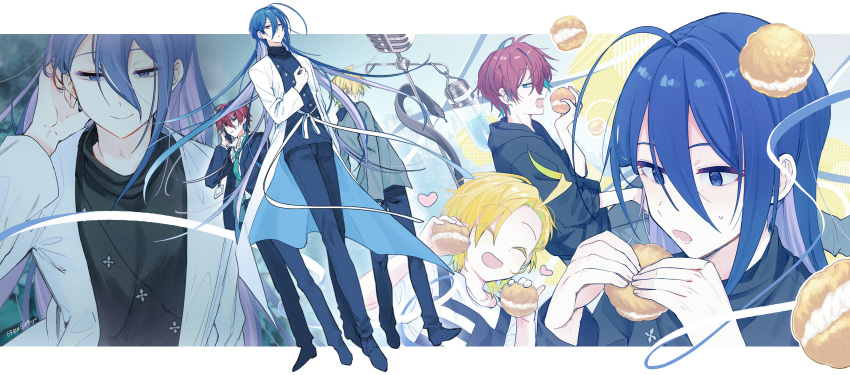 3boys, absurdres, ahoge, aqua_eyes, aqua_streaks, black_hoodie, black_jacket, black_pants
