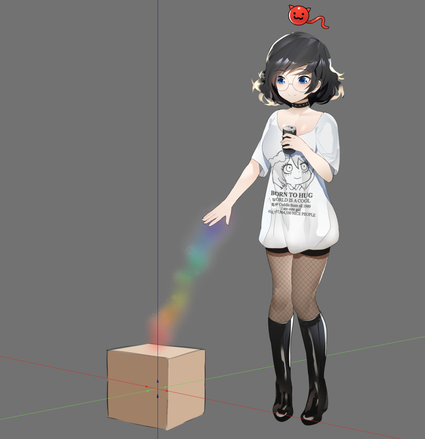 1girl, absurdres, black_choker, black_hair, black_shorts, blue_eyes, boots, born_to_die_world_is_a_fuck_(meme)