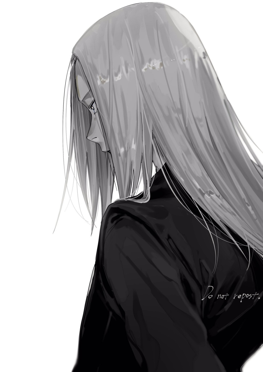1boy, commentary_request, from_behind, greyscale, highres, jacket, long_hair, male_focus