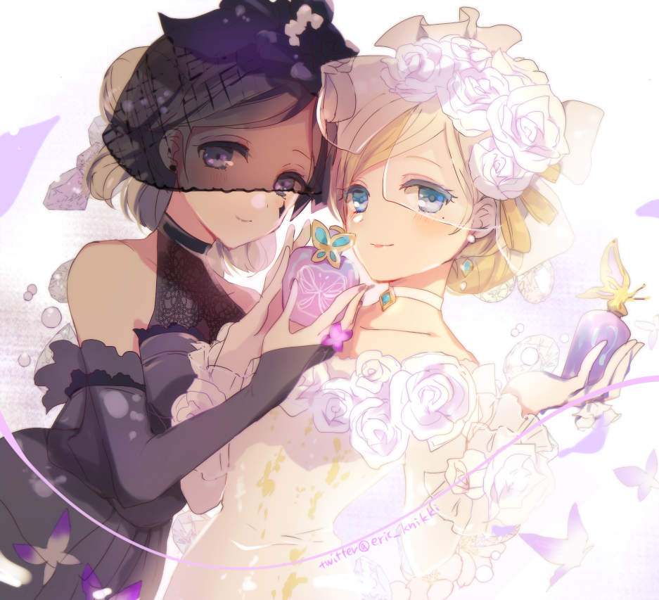 2girls, black_bridal_gauntlets, black_dress, black_veil, black_vs_white, blonde_hair, blue_eyes, bottle, bridal_gauntlets, bug, butterfly, choker, diamond_(gemstone), dress, earrings, eric_knikki, fishnet_veil, flower, frilled_sleeves, frills, gem, grey_hair, hair_flower, hair_ornament, half_up_bun, identity_v, jewelry, lace, light_blush, mole, mole_under_eye, multiple_girls, multiple_persona, off_shoulder, official_alternate_costume, pearl_(gemstone), perfume_bottle, purple_butterfly, rose, see-through_clothes, see-through_veil, smile, striped_blush, twitter_username, upper_body, veil, vera_nair, vera_nair_(fatal_affection), vera_nair_(tonight_or_never), violet_eyes, white_choker, white_dress, white_flower, white_rose, white_veil