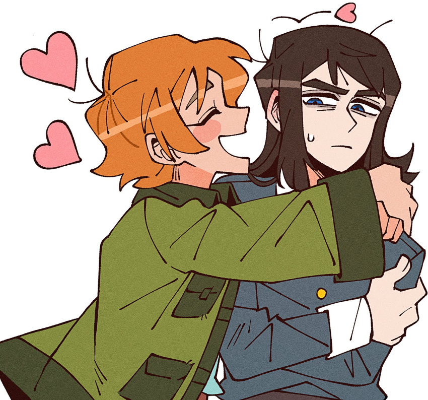 1boy, 1girl, abaddon_(haunted_hotel), abaddon_(human)_(haunted_hotel), blue_coat, blue_eyes, brown_hair, coat, english_commentary, esther_freeling, green_coat, haunted_hotel, highres, hug, insidej043, long_hair, loving_aura, orange_hair, original, simple_background, upper_body, white_background