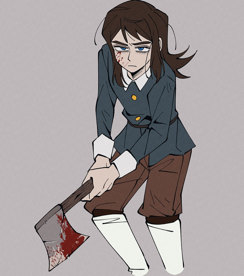 1boy, abaddon_(haunted_hotel), abaddon_(human)_(haunted_hotel), axe, blood, blood_on_weapon, blue_coat, blue_eyes