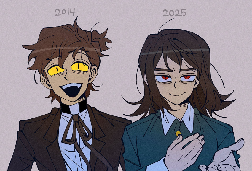 abaddon_(haunted_hotel), abaddon_(human)_(haunted_hotel), bipper, blue_coat, brown_coat, coat, colored_sclera, commentary_request