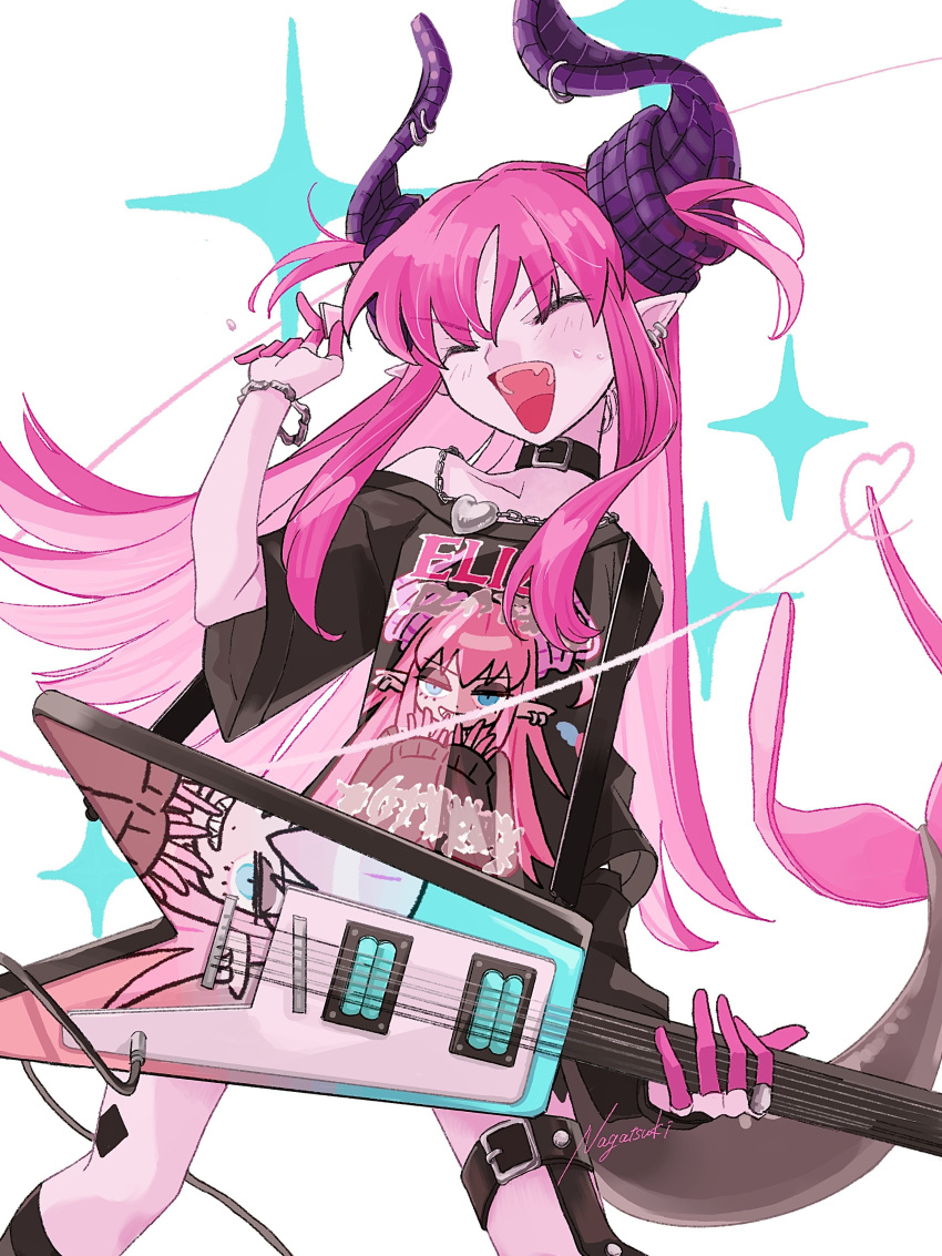 1girl, absurdres, arm_warmers, bare_shoulders, black_arm_warmers, black_collar, black_shirt, black_socks, bracelet, closed_eyes, collar, colored_fingertips, commentary, dragon_girl, dragon_horns, dragon_tail, earrings, electric_guitar, elizabeth_bathory_(fate), elizabeth_bathory_(perfect)_(fate), elizabeth_bathory_(perfect)_(first_ascension)_(fate), fate/grand_order, fate_(series), guitar, hair_between_eyes, hand_up, heart, heart_pendant, highres, holding, holding_guitar, holding_instrument, holding_plectrum, horn_piercing, horns, instrument, jewelry, legwear_garter, light_blush, long_hair, nagatsuki_(huwamo9_8ku), off_shoulder, open_mouth, pink_hair, plectrum, pointy_ears, purple_horns, shirt, short_sleeves, shoulder_strap, signature, simple_background, single_arm_warmer, single_legwear_garter, single_off_shoulder, smile, socks, solo, sparkle, standing, sweat, t-shirt, tail, teeth, upper_teeth_only, v-shaped_eyebrows, white_background