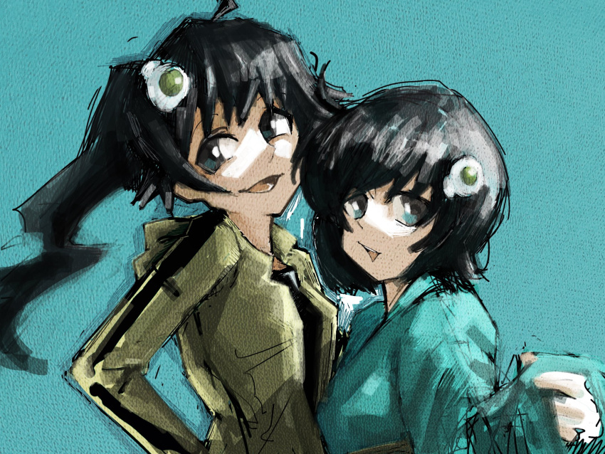 2girls, ahoge, aqua_background, aqua_eyes, aqua_kimono, araragi_karen, araragi_tsukihi, bakemonogatari