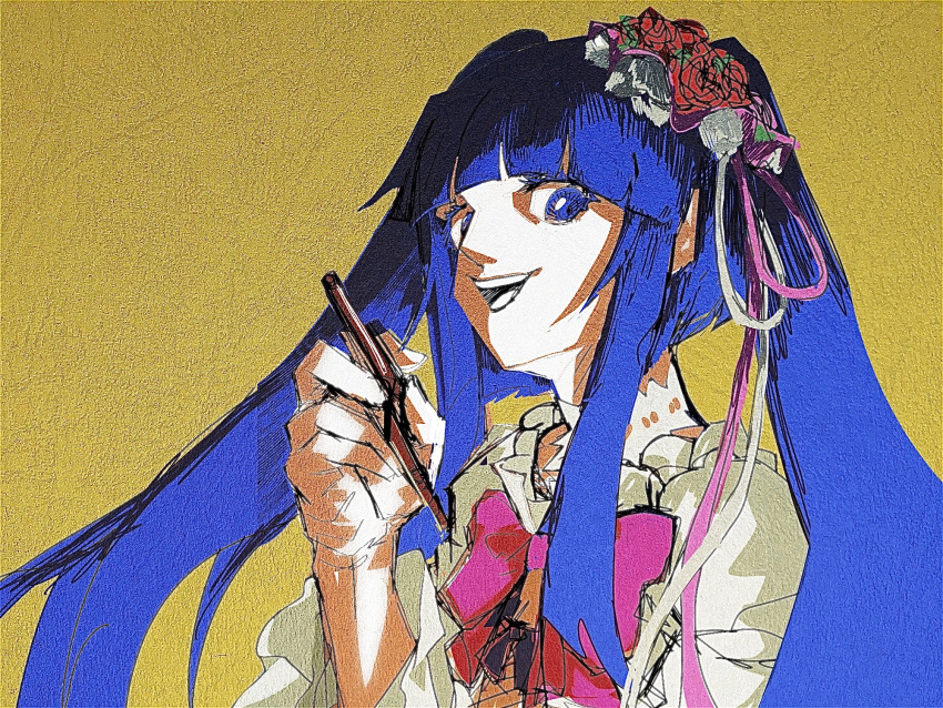 1girl, blue_eyes, blue_hair, bow, choker, chopsticks, dress, flower