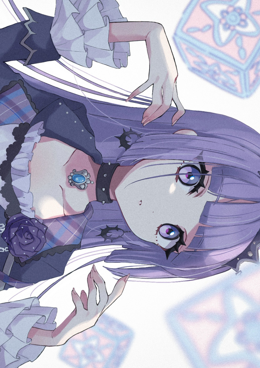 1girl, aikatsu!_(series), black_choker, blue_gemstone, blurry, blurry_foreground, brooch, choker