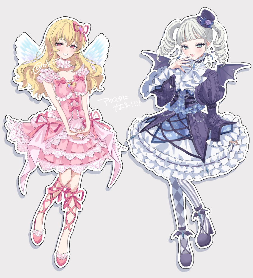 2girls, absurdres, aikatsu!_(series), angel_wings, argyle_clothes, argyle_pantyhose, asymmetrical_legwear, blonde_hair