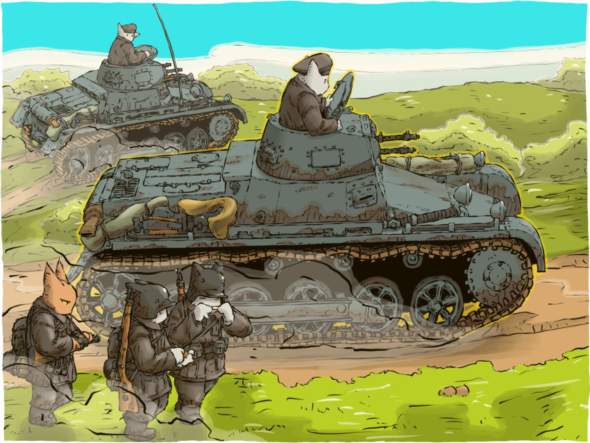 5boys, ammunition_pouch, bolt_action, bush, caterpillar_tracks, combat_helmet, gun, gun_sling