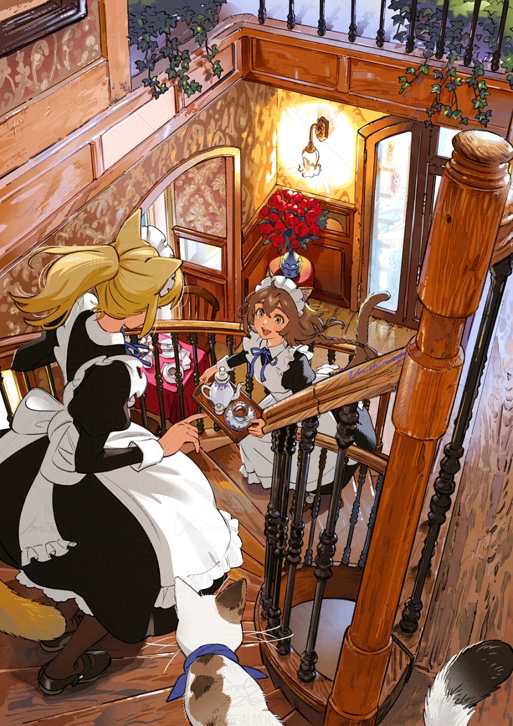 2girls, animal, animal_ear_fluff, animal_ears, apron, baluster, black_dress, black_shoes