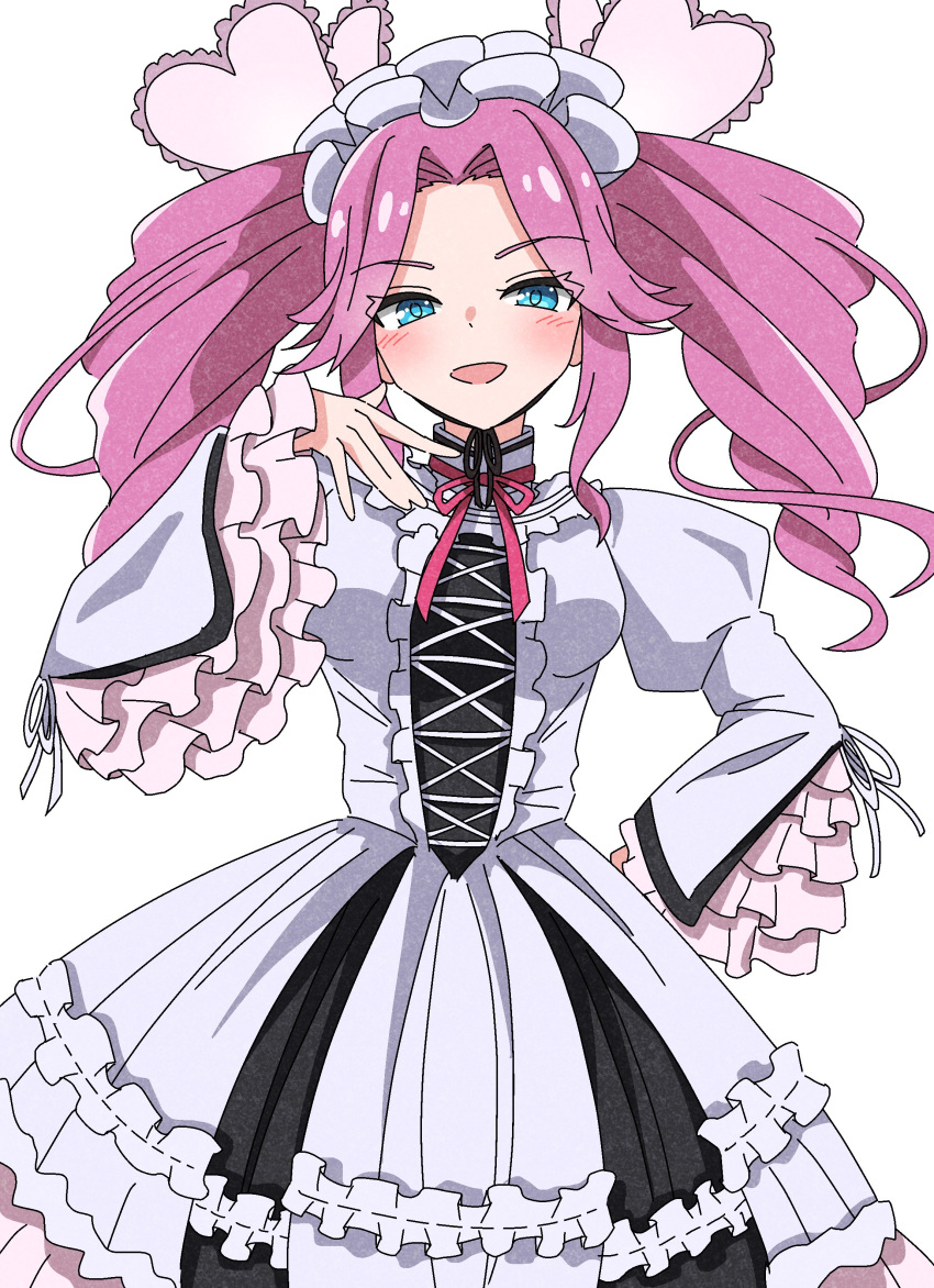 1girl, absurdres, black_dress, blue_eyes, blush, breasts, cowboy_shot, cross-laced_clothes