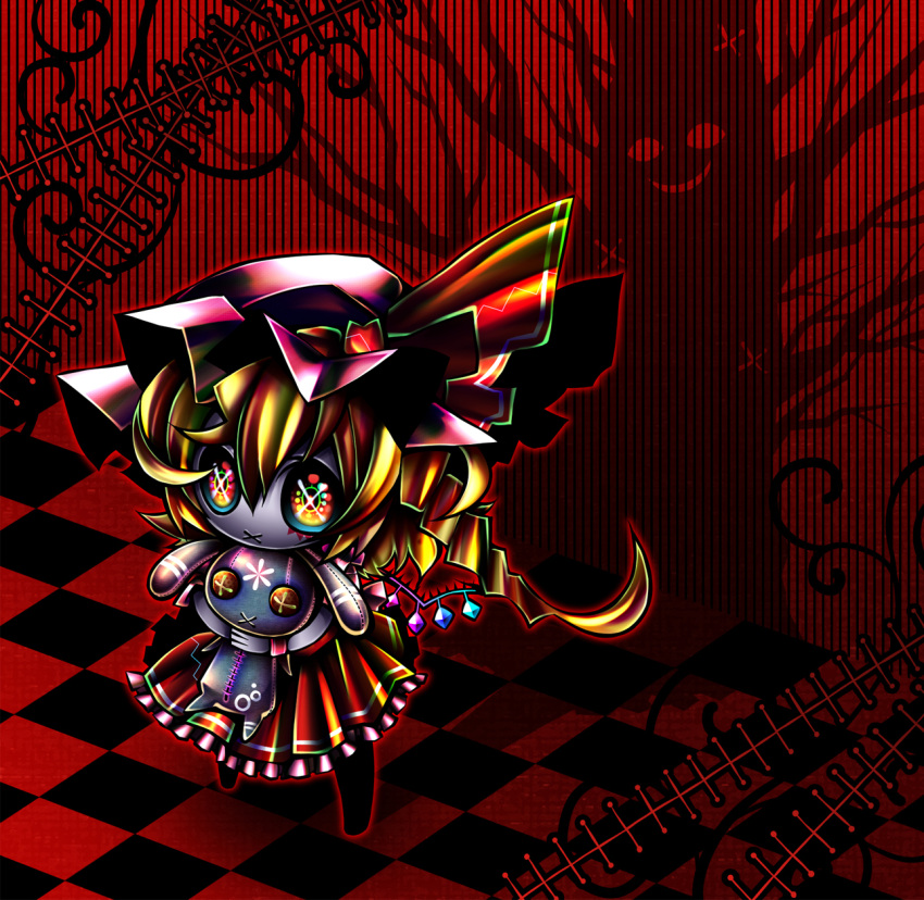1girl, acid_trip, flandre_scarlet, highres, ninomae, solo, stuffed_toy, touhou