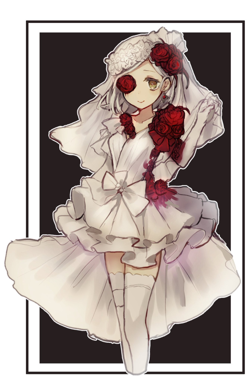 1girl, bob_cut, bow, bridal_veil, bride, c:, cropped_legs, cross-shaped_pupils
