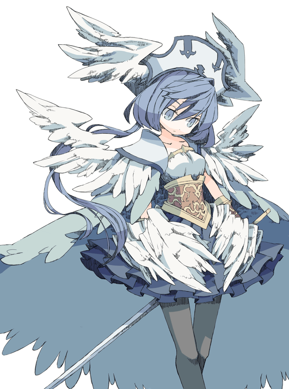 blue_eyes, blue_hair, cape, elise_(gungnir), gungnir, head_wings, pantyhose, skirt, sword, weapon, wings, yokoe_(mealtime)