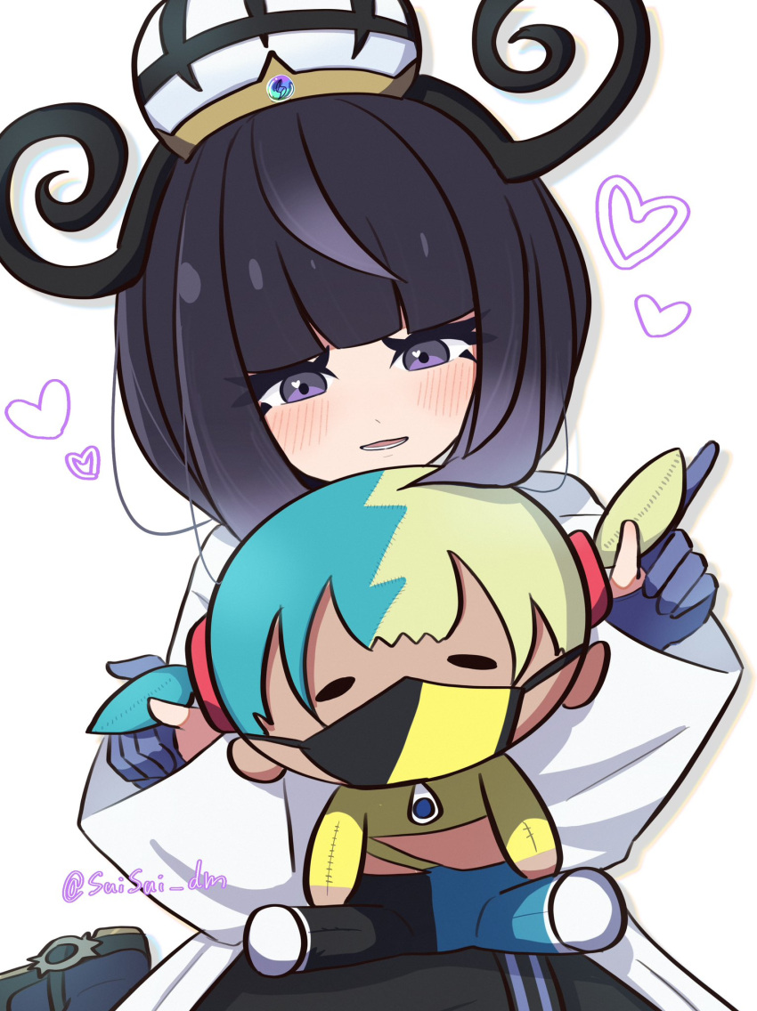 1girl, black_dress, blue_gloves, blunt_bangs, blush, bob_cut, canari_(pokemon), canari_plush_(pokemon)