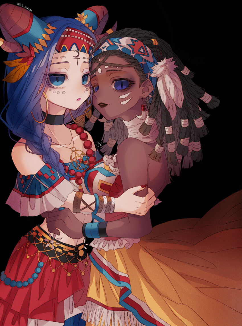 2girls, absurdres, alternate_costume, bare_back, bare_shoulders, bead_necklace, beads, black_background