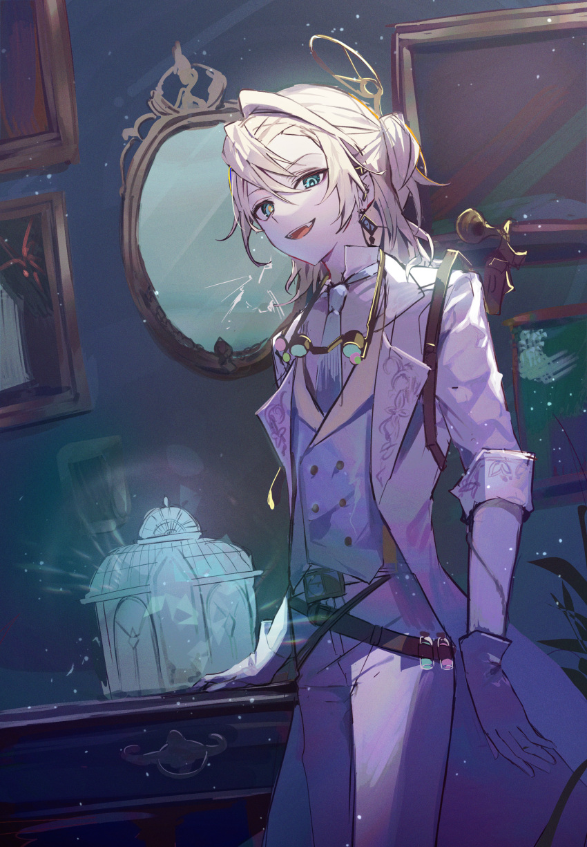 1boy, absurdres, blonde_hair, blue_eyes, blue_necktie, blue_vest, coat, cowboy_shot, fang, gloves, goggles, goggles_around_neck, half_updo, hand_on_table, highres, identity_v, lapels, looking_at_viewer, luca_balsa, luca_balsa_(paranormal_detective), male_focus, medium_hair, mirror, mismatched_pupils, necktie, pants, pba_471, ponytail, popped_collar, shirt, short_ponytail, sleeves_rolled_up, smirk, solo, vest, vial, white_coat, white_gloves, white_pants, white_shirt, yellow_pupils