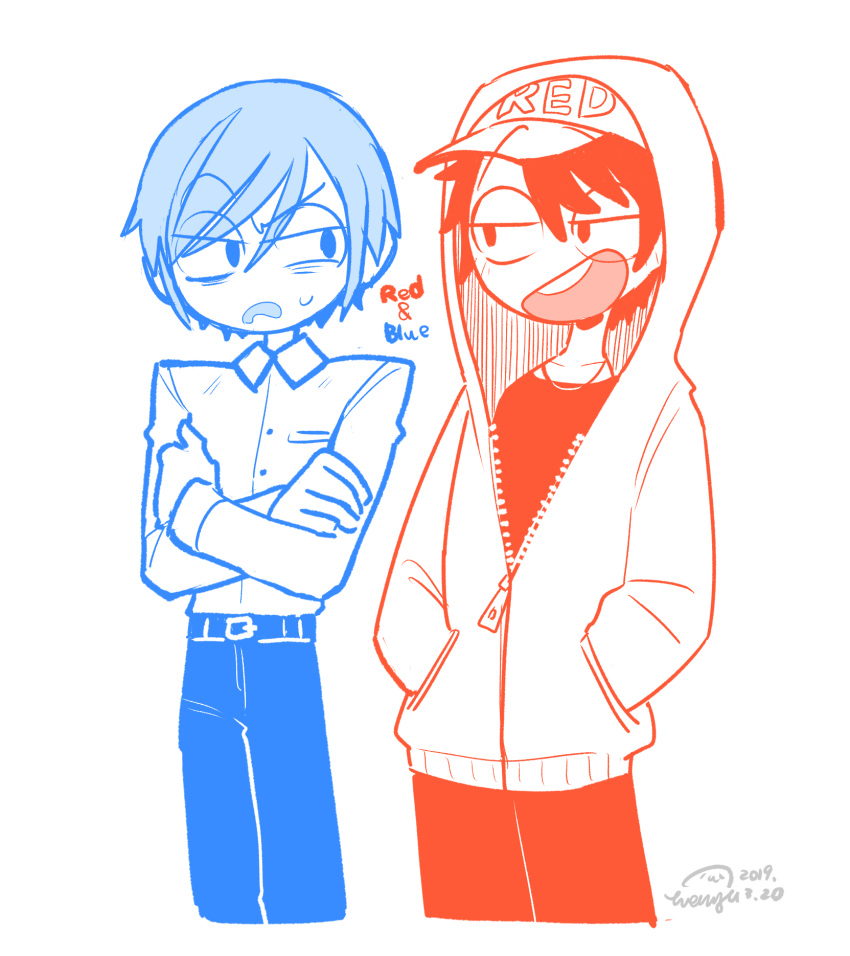2019, 2boys, :d, amy7996659, animification, annoyed, artist_name, baseball_cap, belt, blue_(dick_figures), blue_belt, blue_eyes, blue_hair, blue_pants, buttons, character_name, chinese_commentary, collarbone, collared_shirt, commentary_request, cropped_legs, crossed_arms, dick_figures, english_commentary, eye_contact, hair_between_eyes, hands_in_pockets, hat, hatching_(texture), highres, hood, hood_up, hooded_jacket, jacket, jewelry, long_sleeves, looking_at_another, male_focus, mixed-language_commentary, multiple_boys, necklace, no_nose, open_mouth, pants, partially_unzipped, puffy_long_sleeves, puffy_sleeves, raised_eyebrow, raised_eyebrows, red_(dick_figures), red_eyes, red_hair, red_pants, red_shirt, round_teeth, shirt, shirt_tucked_in, short_hair, simple_background, smile, standing, sweatdrop, swept_bangs, teeth, upper_teeth_only, white_background, white_hat, white_jacket, white_shirt