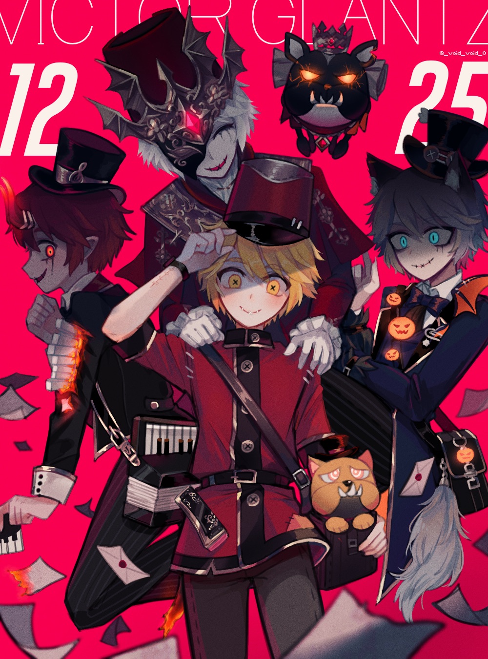 4boys, animal_ears, aqua_eyes, bag, black_jacket, black_pants, blonde_hair, blue_bow