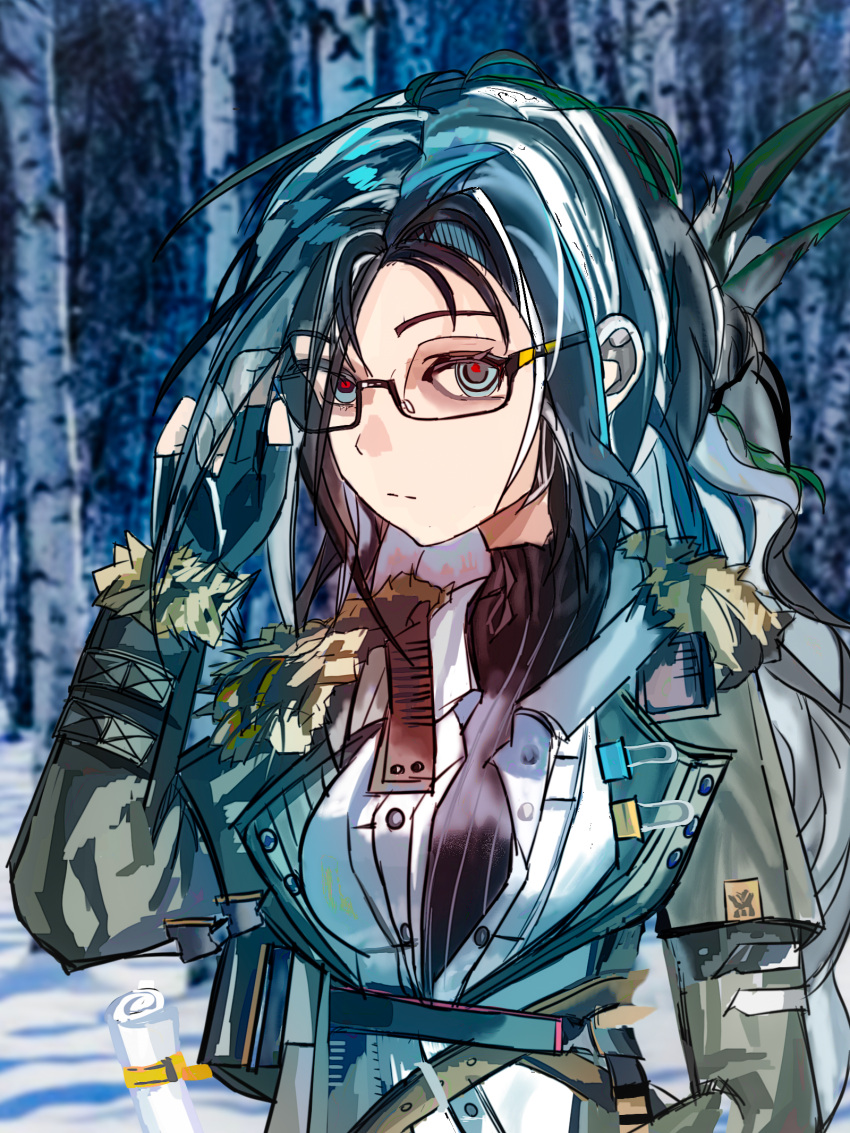 1girl, adjusting_eyewear, arknights, bags_under_eyes, bird_girl, black-framed_eyewear, coat, commentary_request, feather_hair, forest, fur_trim, glasses, gloves, green_coat, highres, long_hair, long_sleeves, looking_at_viewer, messy_hair, multicolored_hair, nature, open_clothes, open_shirt, outdoors, red_pupils, semi-rimless_eyewear, shirt, snegurochka_(arknights), snow, solo, turtleneck, under-rim_eyewear, user_tfzj8422, white_shirt