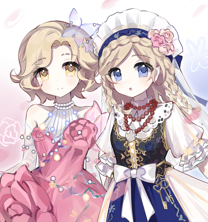 2girls, :o, absurdres, bare_shoulders, bead_necklace, beads, blonde_hair, blue_dress