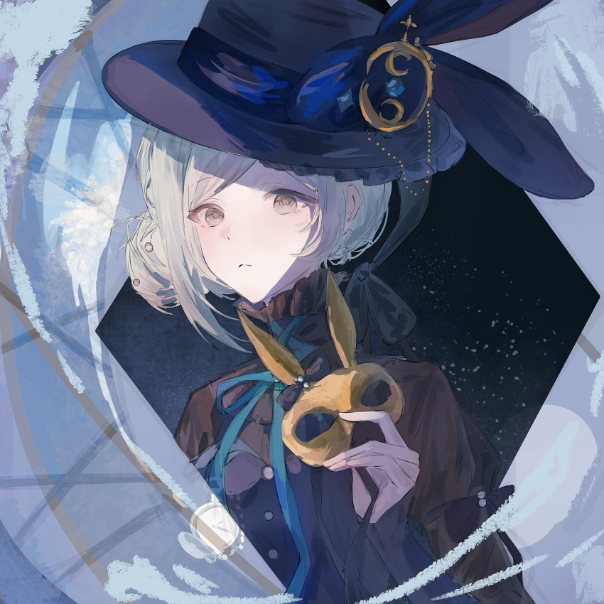 1girl, :<, absurdres, black_background, black_dress, black_hat, blue_ribbon, boater_hat