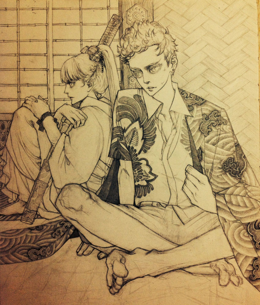 1boy, 1girl, barefoot, blonde_hair, collared_shirt, crossed_legs, delinquent, donquixote_doflamingo, earrings, english_text, floral_print, flower, hair_flower, hair_ornament, highres, holding, holding_sword, holding_weapon, indoors, japanese_clothes, jewelry, kimono, long_hair, looking_at_another, monochrome, oc_x_canon, one_piece, ponytail, print_kimono, profile, shirt, short_hair, shorts, sitting, sword, traditional_media, tutugui, weapon, white_kimono, white_shirt, wooden_sword