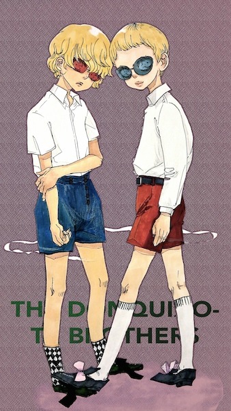 2boys, aged_down, black_shoes, blonde_hair, blue_shorts, bow, brothers, child