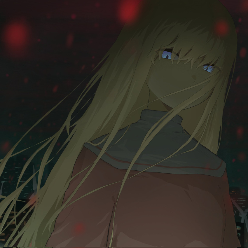 1girl, blonde_hair, blue_eyes, city_lights, coronzon_(toaru), guimpe, highres, laura_stuart