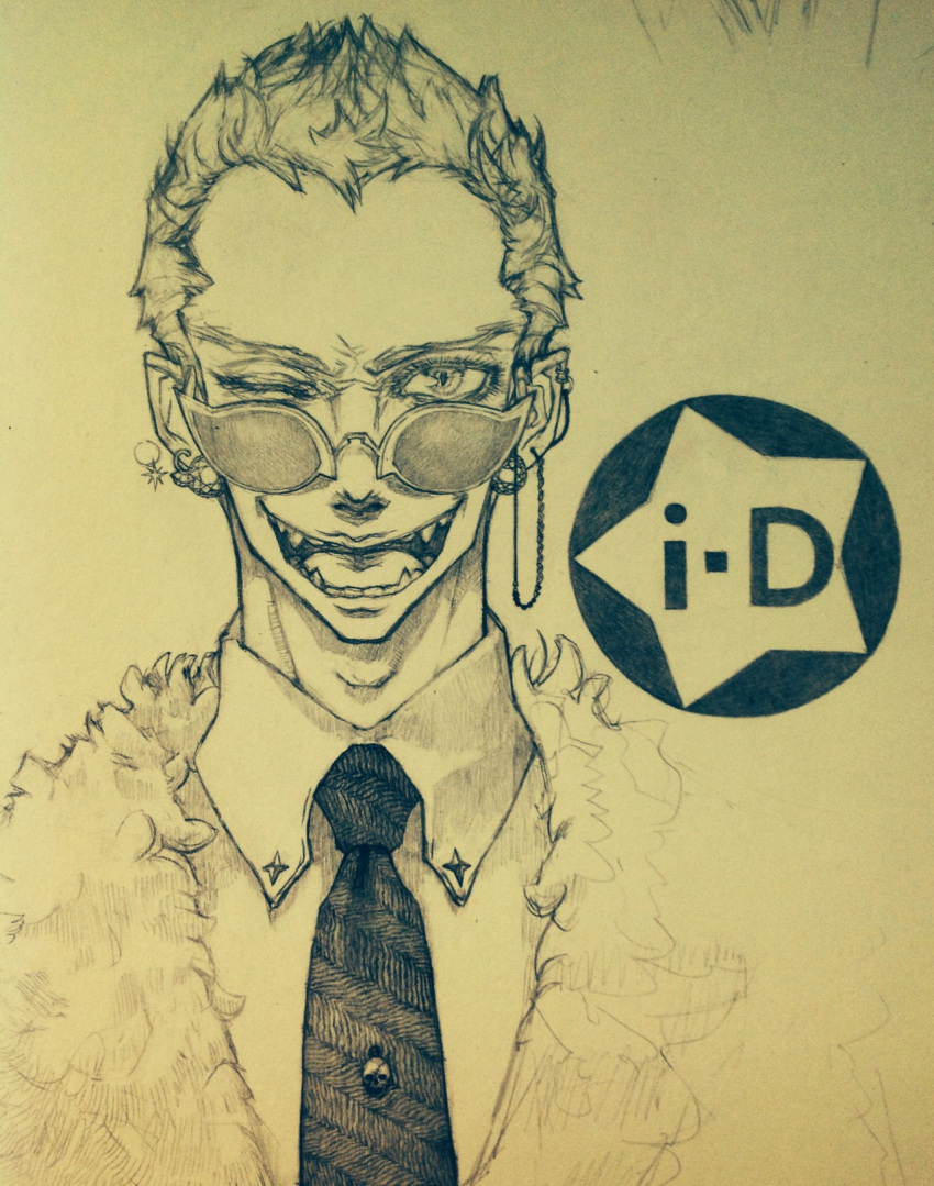 1boy, black_necktie, blonde_hair, collared_shirt, donquixote_doflamingo, earrings, fangs, feather_coat