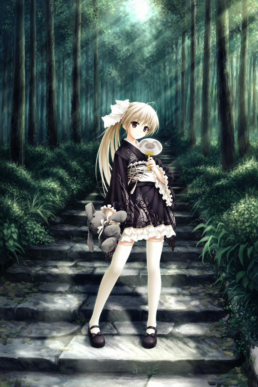 1girl, absurdres, black_kimono, blonde_hair, brown_eyes, folding_fan, forest, francascofeng, frilled_kimono, frills, full_body, hand_fan, highres, japanese_clothes, kasugano_sora, kimono, light_rays, lolita_fashion, looking_at_viewer, mary_janes, nature, ponytail, shoes, short_kimono, smile, solo, stuffed_animal, stuffed_rabbit, stuffed_toy, summer, sunlight, thigh-highs, wa_lolita, white_thighhighs, yosuga_no_sora, yukata, zettai_ryouiki