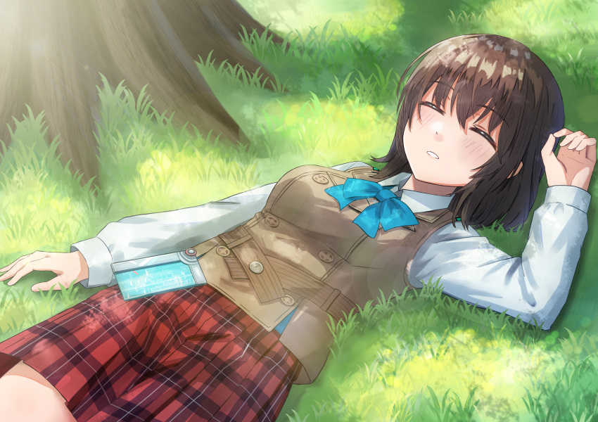 1girl, absurdres, aoi_erika, arm_up, black_hair, blue_bow, blue_bowtie, blush, book, bow, bowtie, breasts, brown_hair, brown_vest, buttons, closed_eyes, collared_shirt, day, grass, hair_between_eyes, heaven_burns_red, highres, long_sleeves, lying, medium_breasts, medium_hair, mok_kan, on_back, on_grass, on_ground, outdoors, parted_lips, plaid_clothes, plaid_skirt, pleated_skirt, red_skirt, school_uniform, shirt, short_hair, skirt, sleeping, solo, tree, vest, white_shirt