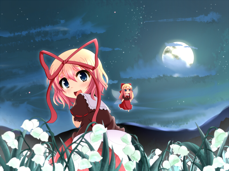 bad_id, blonde_hair, blue_eyes, bow, flower_field, full_moon, hair_bow, hair_ribbon
