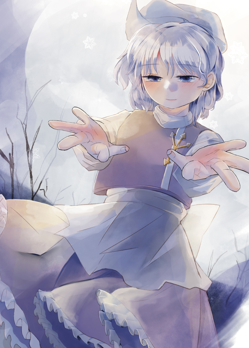 1girl, absurdres, apron, beckoning, blue_skirt, blue_vest, blush, commentary_request