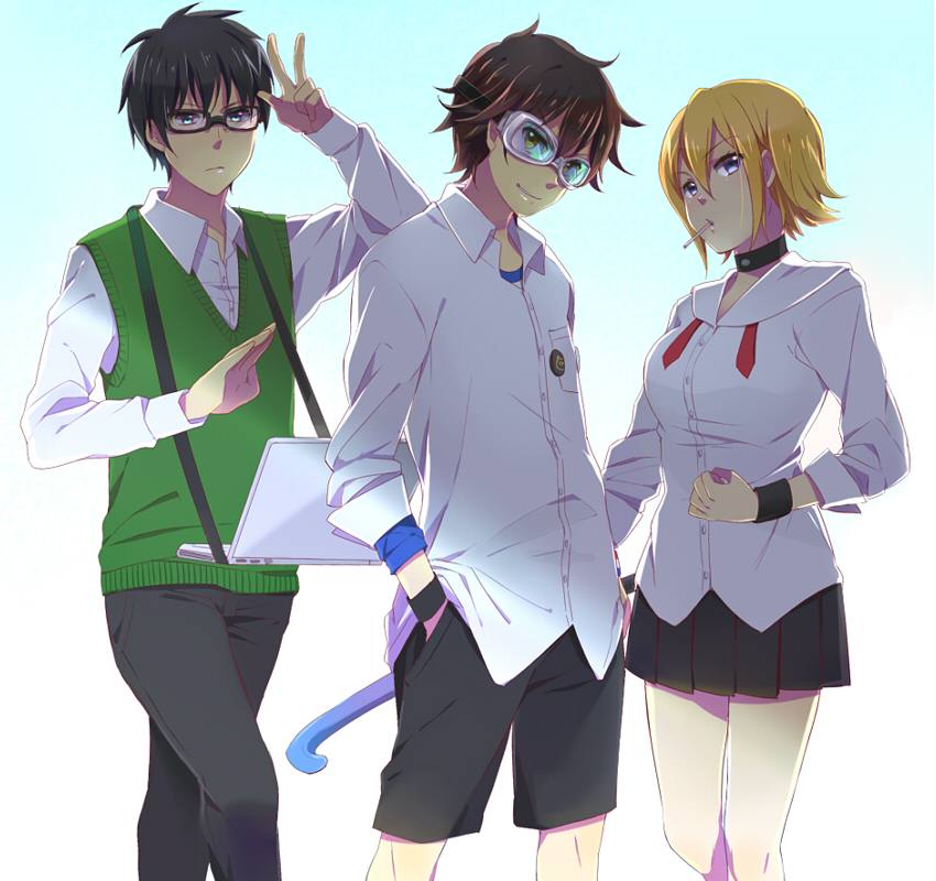 2boys, black_hair, blonde_hair, blue_eyes, brown_eyes, candy, choker, clenched_hand