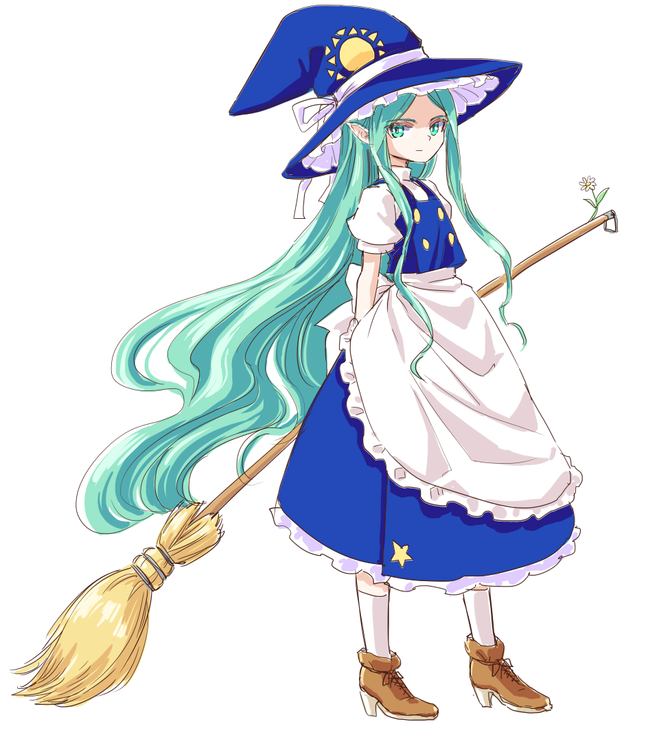 1girl, alternate_costume, apron, blue_hat, blue_skirt, blue_vest, boots, broom