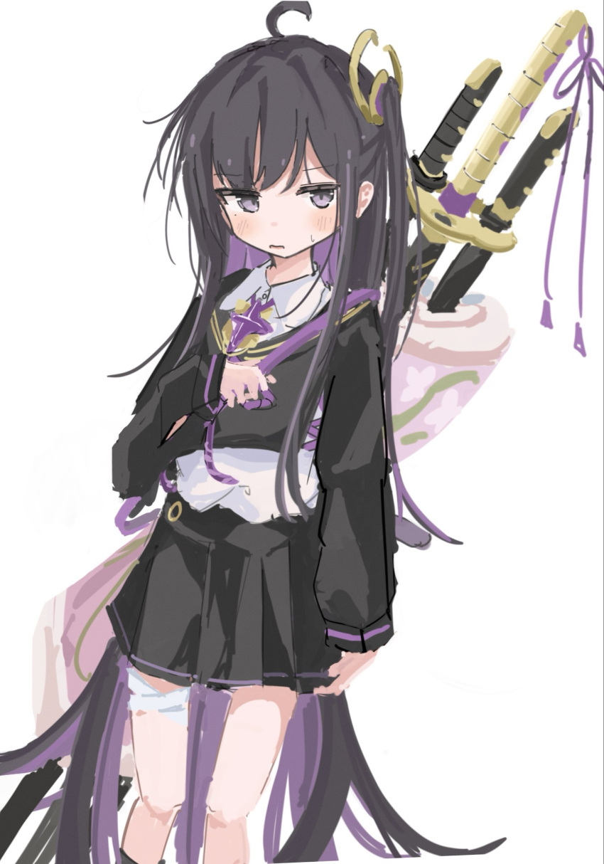 1girl, aged_down, ahoge, bandaged_leg, bandages, black_hair, black_sailor_collar, black_serafuku
