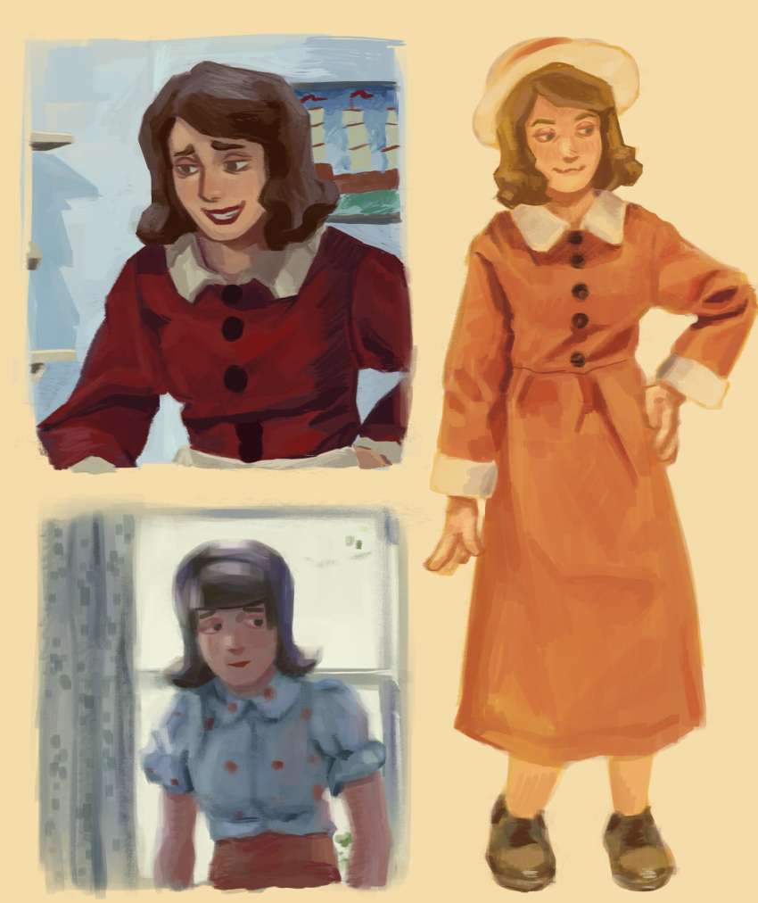 1950s_fashion, 1girl, :3, absurdres, bloberta_puppington, brown_hair, collared_dress, derivative_work, dress, full_body, grin, hat, highres, kureome, medium_hair, moral_orel, puffy_short_sleeves, puffy_sleeves, red_dress, scene_reference, screenshot_redraw, shoes, short_sleeves, smile, upper_body