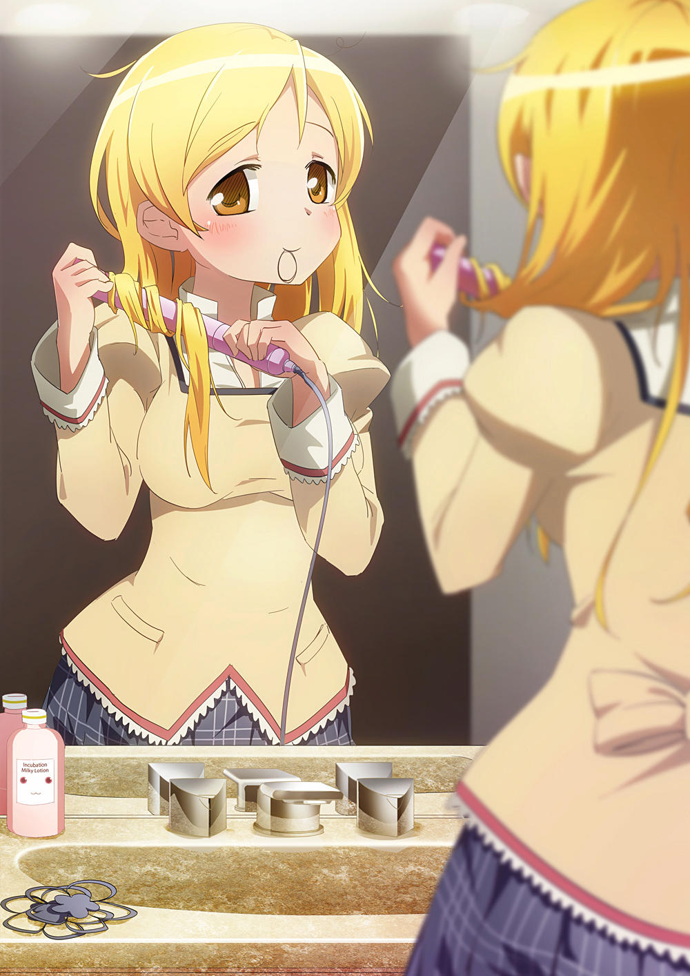 :3, alternate_hairstyle, bathroom, blonde_hair, blush, bun150, cameo, curling_iron, hair_down, hair_iron, hairdressing, highres, kyubey, long_hair, mahou_shoujo_madoka_magica, mirror, mouth_hold, official_style, reflection, school_uniform, sink, smile, solo, taut_shirt, tomoe_mami, when_you_see_it, yellow_eyes