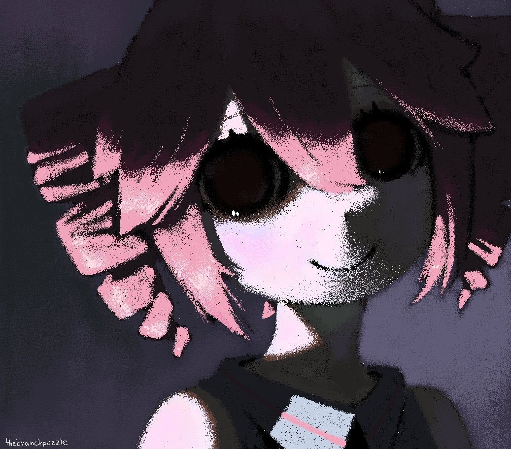1girl, artist_name, black_eyes, branchpuzzle, closed_mouth, drill_hair, hair_between_eyes, hashtag-only_commentary