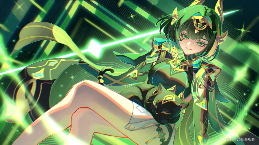 1girl, absurdres, animal_on_lap, ashru_(genshin_impact), black_cat, breasts, cape, cat