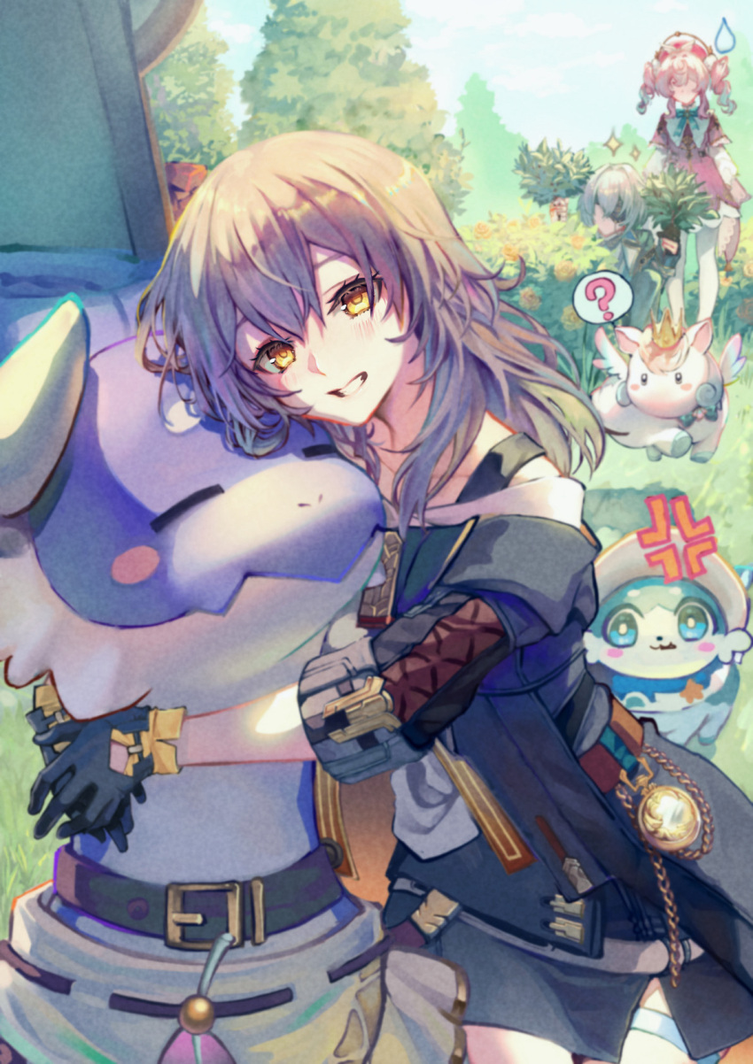 1boy, 2girls, ?, anaxa_(honkai:_star_rail), anger_vein, animal_hug, black_gloves, black_jacket