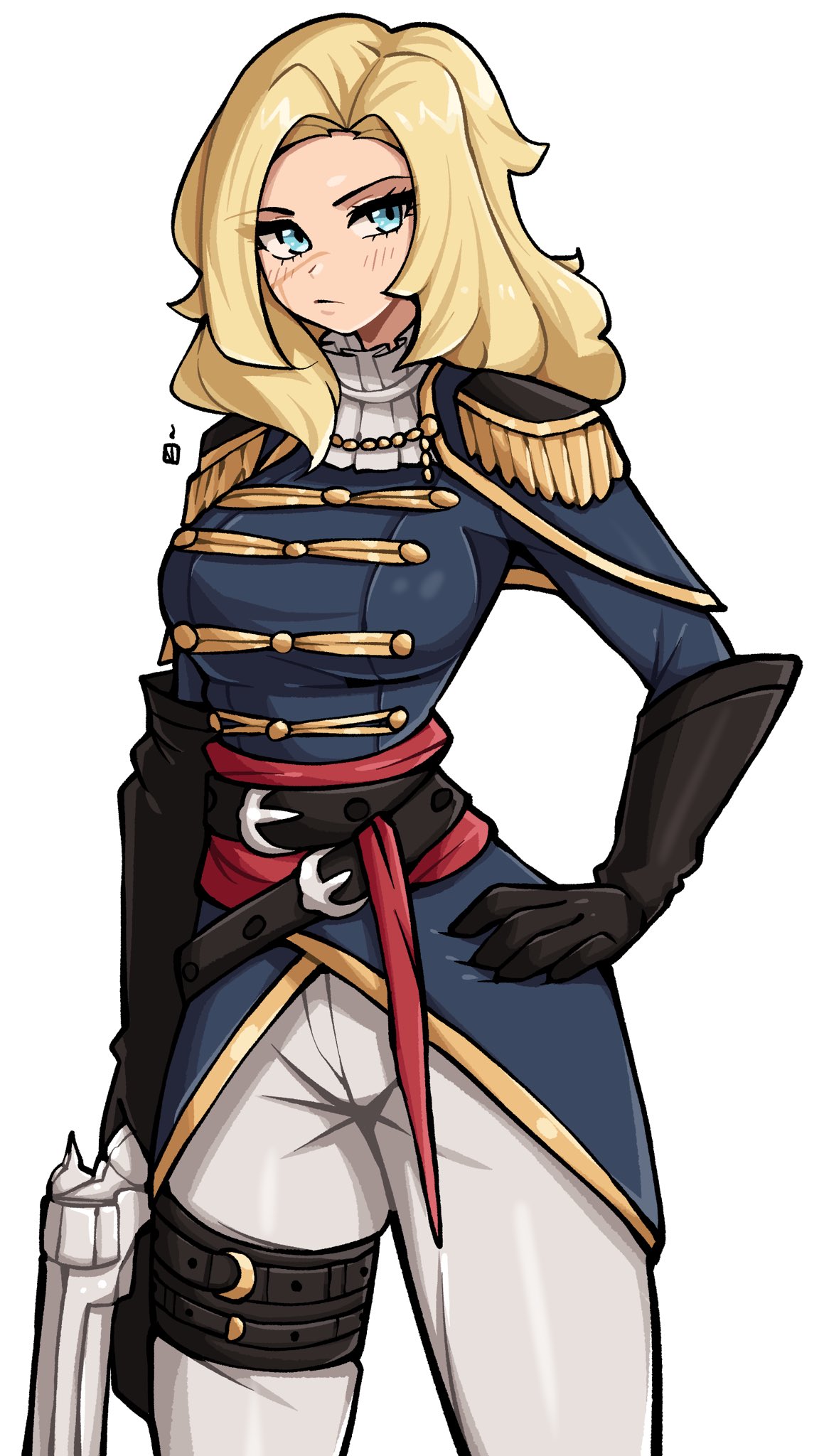 1girl, belt, belt_buckle, black_belt, black_gloves, blonde_hair, blue_eyes, blue_jacket
