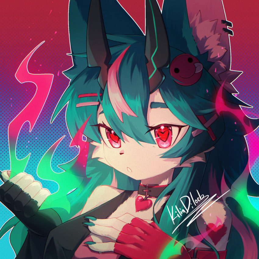 1girl, animal_ear_piercing, animal_ears, animal_nose, aqua_hair, black_vest, body_fur, borrowed_character, choker, commission, eyelashes, fingerless_gloves, fire, fox_ears, fox_girl, furry, furry_female, gloves, gradient_background, gradient_fire, hair_ornament, halftone, heart, heart-shaped_pupils, heart_choker, highres, horns, kilindilock, magic, multicolored_hair, original, parted_lips, profile_picture, red_eyes, red_fire, signature, smiley_face, solo, symbol-shaped_pupils, vest, x_hair_ornament