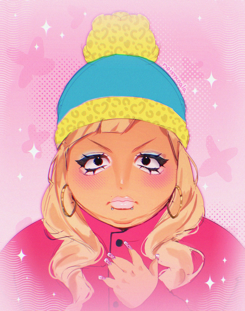 1girl, aegyo_sal, alternate_design, alternate_hairstyle, animal_print, artist_name, beanie, black_eyes, blonde_hair, blue_eyeshadow, blue_hat, blush, closed_mouth, drawn_flower, earrings, english_commentary, eric_cartman, eyelashes, eyeshadow, face_piercing, fat, film_grain, fingernails, four-pointed_star, genderswap, genderswap_(mtf), gold_earrings, gyaru, gyaru_makeup, hair_over_shoulder, halftone, halftone_background, hand_on_own_chest, hat, highres, hoop_earrings, jacket, jewelry, leopard_print, long_fingernails, long_hair, makeup, meme, mouth_piercing, nail_art, nail_polish, noisykoala, piercing, pink_background, pink_jacket, pink_lips, pink_nails, pink_theme, pom_pom_(clothes), pom_pom_beanie, portrait, sketch, south_park, tan, two-tone_hat, v-shaped_eyebrows, wavy_hair, yellow_hat
