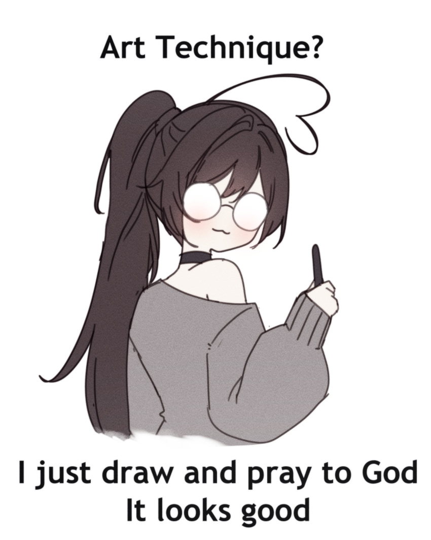 1girl, :3, absurdres, ahoge, brown_hair, closed_mouth, cropped_torso, english_text